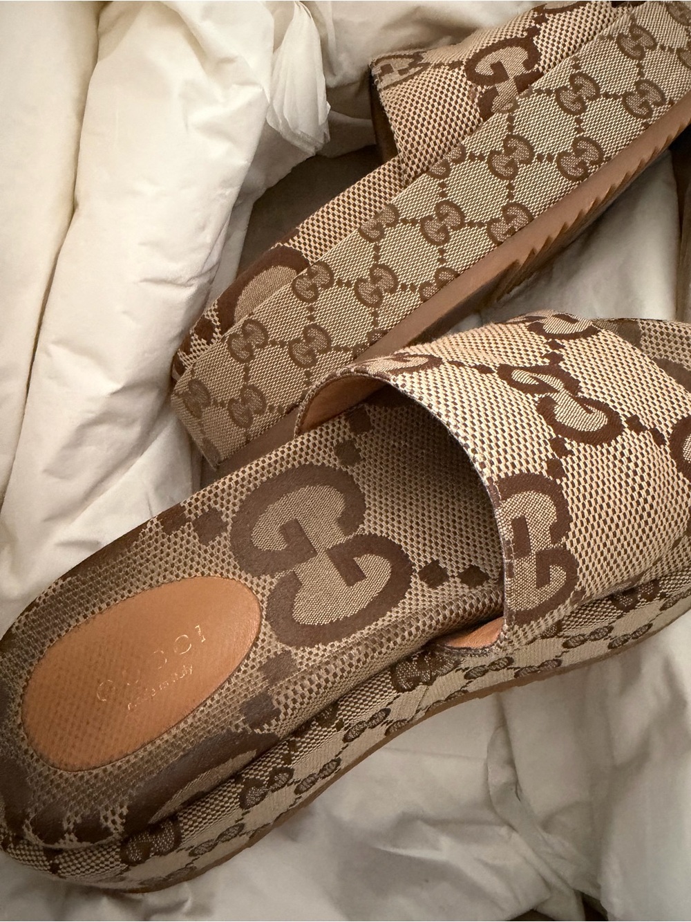 Gucci Brown Beige Logo Platform Slide Sandals - Picture 2 of 13